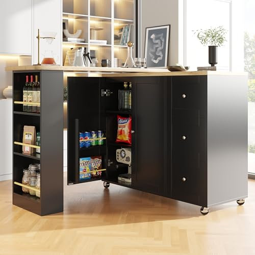 Bartisch Ausziehbarer Esstisch auf Rollen mit 3 Schubladen und 2 Türen, Moderner Küchentisch Sideboard mit Offene Stauraum und Snackhalter, Buffettisch Beistelltisch für Wohnzimmer Küche (Schwarz)