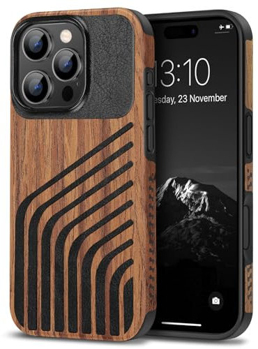 TENDLIN Compatible with iPhone 16 Pro Case Wood Grain with Carbon Fiber Texture Design Leather Hybrid Slim Case (Hairline)