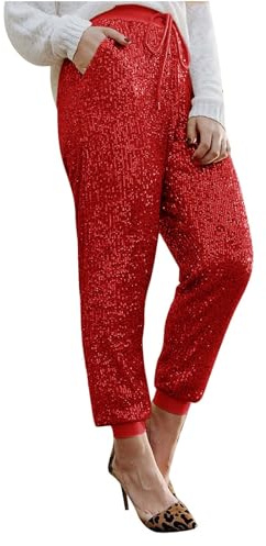 Generisch Hose Elegant Damen Glitzer, Pailletten Jogginghose Damen | Weites Bein, Pailletten hose Lang Rot Freizeithose Mit Taschen Tanzhosen Mit Kordelzug Sporthose Vintage Yogahose Rave Outfit