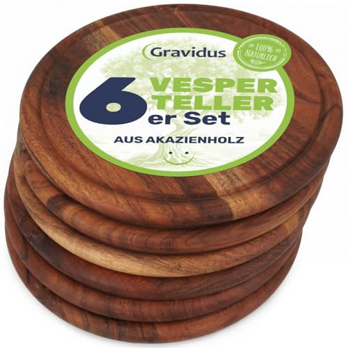 Gravidus Vesperteller aus FSC-zertifiziertem Akazienholz ⌀ 25 cm – langlebiger Brotzeitteller mit Saftrille, schnittfest & messerschonend – ideal für Frühstück, Brotzeit & Servieren (6 Stück)