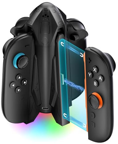 ALAFLY Dock di Ricarica per Nintendo Switch 2 Joy-Con Controller, 4 in 1 Caricabatterie Magnetico Bidirezionale con Indicatori LED, Cavo USB-Type-C incluso Supporto Modalità TV, Nero