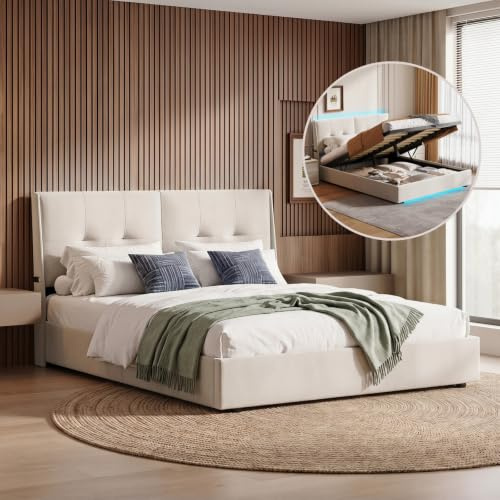 HYTKKBD Cama Acolchada De Matrimonio 160 X 200 Cm, Estructura Para Cama Con LED, Almacenamiento De Elevación Hidráulica, Respaldo Cómodo, Somier De Láminas, Franela Beige