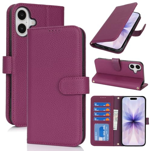 Zouzt Leather Wallet Case for iPhone 17, 4 Card Slot, Rose Purple | Genuine Leather, Card Holder, Shockproof TPU Shell, Magnetic Closure, Protective Flip Folio Phone Cover, For Women Men