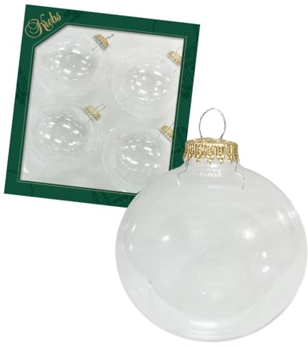 Dekohelden24 Lauschaer Christbaumschmuck - Baumkugeln aus Lauscha, Christbaumkugeln Lauscha, 4er Set Bastel - Kugeln Uni klar, 8 cm, mit goldenen Krönchen + 50 Schnellaufhänger in Gold gratis.