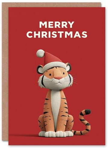 Artery8 Christmas Card Cute Cartoon Style Tiger Wearing Santa Hat
