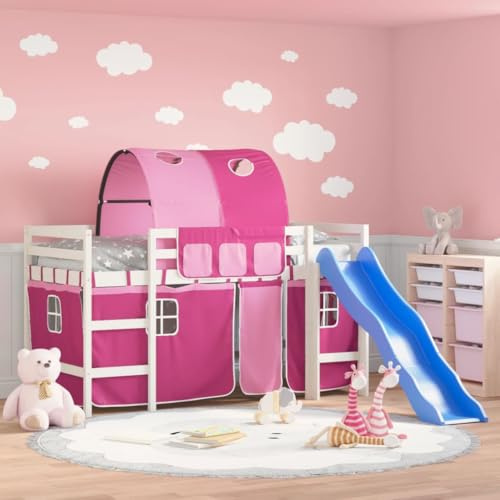 QJBSAVVA Kinder Hochbett Rosa 80x200 Kiefer Massivholz mit Rutsche Tunnel und Vorhängen für Mädchen Jugendzimmer L 205,5 x B 87,5 x H 113,5 cm