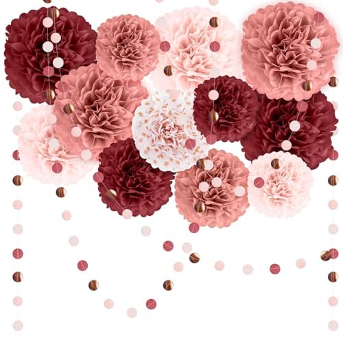 Pompons Papier de Soie et Guirlande (15 Pièces), Fleurs en Papier pour Décoration Anniversaire Femme, Déco Mariage Romantique, Saint-Valentin, EVJF Bordeaux et Vieux Rose