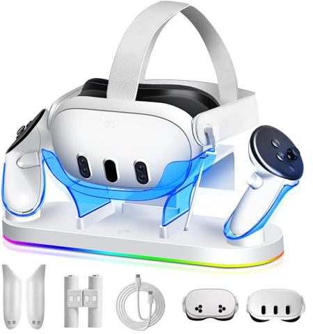 TicEaik Charging Dock for Meta Quest 3/3S, 18W Fast Charger with 2 Rechargeable Batteries, 8 LED Lighting Modes, USB-C Charging Accessory, Elite Head Strap and Battery Compatible