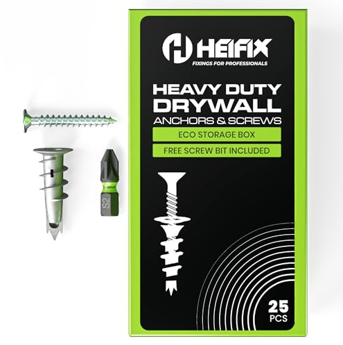 Heifix 25pc Plasterboard Fixings, FREE Screw Bit, Eco Storage Box, Metal | Heavy Duty Metal Self-drilling Plasterboard Fixings With Screws. Ideal For Drywall And Hollow Wall Fixing Applications.
