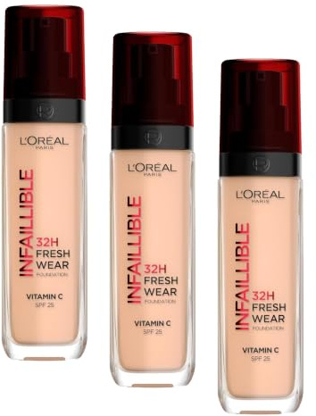 L'Oréal Paris Liquid Foundation, Full Coverage, Lasting Wear, With Vitamin C and SPF 25, Infallible 32H Fresh Wear, 110 Vanilla Rose (Pack of 3)