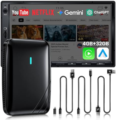 ATOTODIRECT Adattatore CarPlay Wireless Android Auto, AI Box Video 3 in 1 per Cavo OEM CP/AA, Doppio WiFi e Hub Bluetooth IoT, per Netflix/YouTube/TikTok/TF Scheda, DriveChat AI Voice, CB4B