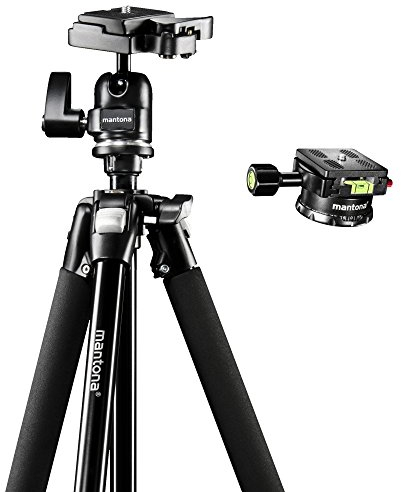 Mantona Basic Scout Set Fotostativ, Kamerastativ bis 144cm, + 360 Grad Panoramakopf, Wasserwaage, umkehrbare Mittelsäule, für Reisen und Outdoor Fotografie für DSLR Kamera, kompakt leichtes Stativ
