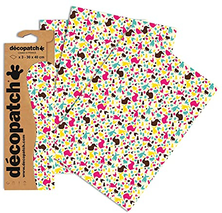 Decopatch C682O - Packung mit 3 gleichen Bögen, Papier No. 682, 30x40 cm, ideal zu Ostern, Vögel mit gelbem Hintergrund, 1 Pack
