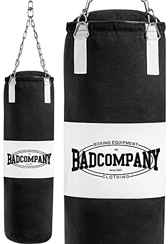 Bad Company Boxsack inkl. Heavy Duty Stahlkette I Canvas Punching Bag mit PVC-Target, gefüllt I 120 x 30 cm - Schwarz/Weiß