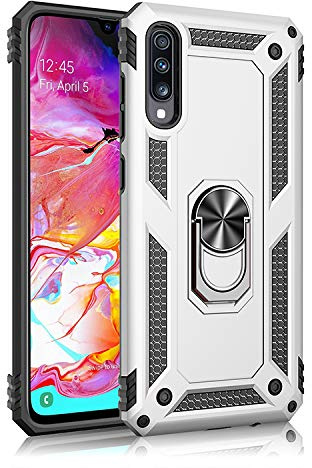 BestST Hülle für Samsung Galaxy Galaxy A70S/Galaxy A70 + schutzfolie, Militärische Armor Hybrid Schutzhülle Silikon Stoßfest Bumper Cover Case Ringhalter Handytasche Handy Hüllen,Silber