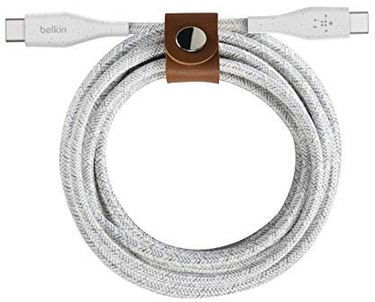 Belkin cable USB-C a USB-C con correa Boost Charge (cable USB-C resistente para MacBook, iPad Pro, Samsung Galaxy, Pixel y otros, 1,2 m) blanco