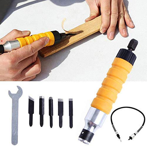 Electric Chisel Carving Set, Wood Engraving Tools Hammer Drill for Electric Drill Flexible Shaft DIY Art Craft with Carving Tips Wrench and Flexible Flex Shaft