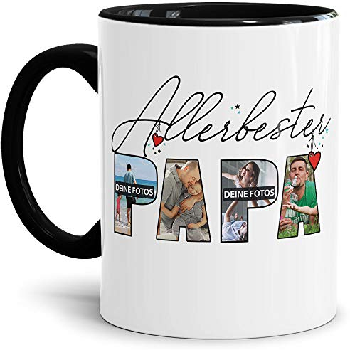 Tassendruck Fototasse mit Spruch - Allerbester Papa - zum Selbst gestalten mit Foto-Collage für 4 Fotos, Innen & Henkel Schwarz, 300 ml
