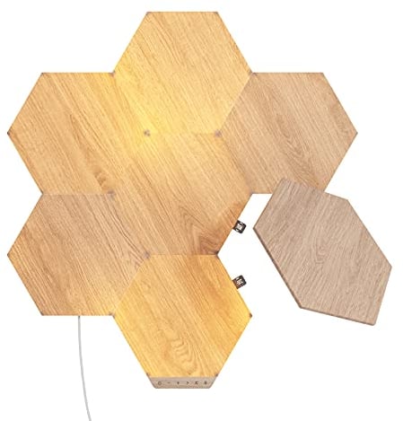 Nanoleaf Elements Hexagon Starter Kit, 7 Smarten Holzoptik LED Panels - Modulare Dimmbare WLAN Wandleuchte Innen, Musik Sync, Funktioniert mit Alexa Google Apple, Deko Wohnzimmer Schlafzimmer Büro