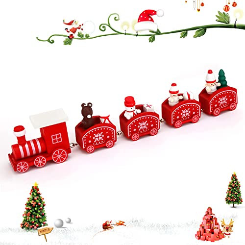 YXHZVON Tren de Madera Navideño, Mini Adorno de Navida Tren Madera con 4 Vagónes para Decoración Regalos Navideños Mesa Escaparate Navidad Infante Regalos (Rojo)