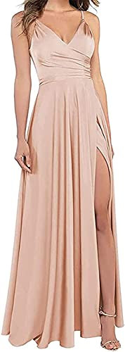 KURFACE Robe de demoiselle d'honneur à bretelles spaghetti pour femme - Robe de soirée formelle en satin, rose gold, 52