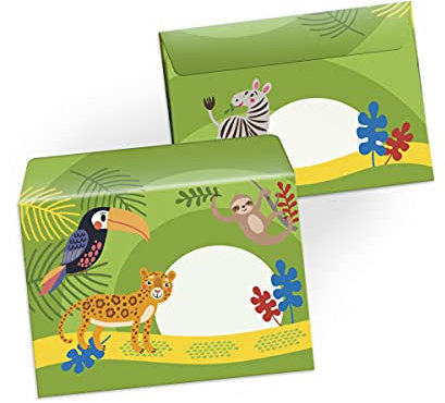 Umschläge mit Kindermotiv Tiere Faultier Papagei Löwe Zebra Gepard für Einladungskarten Gutscheine Geldgeschenke DIN C6 (15 Umschläge/selbstklebend mit Abziehstreifen)