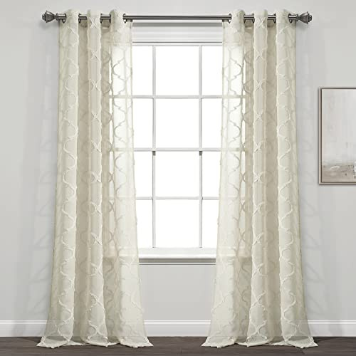 Lush Decor Avon Trellis Grommet Sheer Window Curtain Panels Pair 38 W x 84 L Neutral - Sheer Curtains for Living Room - Farmhouse Bedroom Curtains