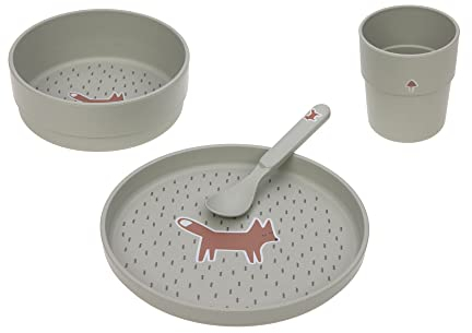 LÄSSIG Juego de vajilla infantil (plato, bol, taza, cuchara) sin BPA para lavavajillas y microondas/Dish Set PP/Cellulose Little Forest Fox