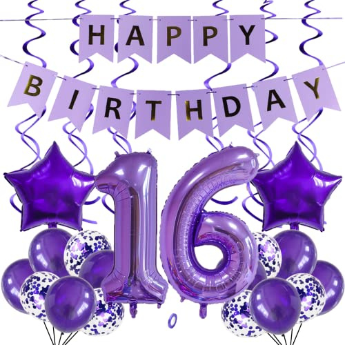 SNOWZAN Luftballons 16. Geburtstag Dekoration Lila 32 Zoll Riesen Zahlen Ballons,Latex Folienballons 25 Stück