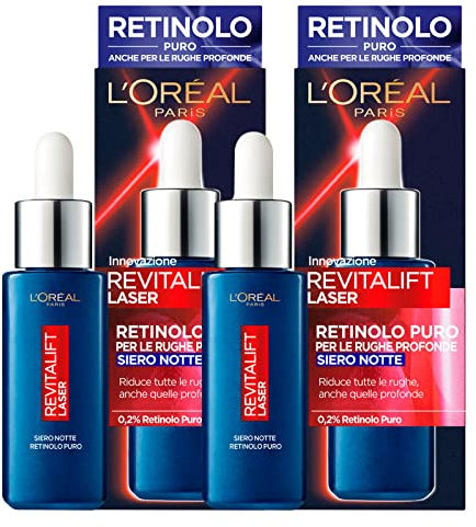 2 x L'Oréal Paris Revitalift Laser Sérum Visage Nuit avec Rétinol Pur Réduit les rides profondes Effet Anti Âge - 2 flacons de 30 ml chacun