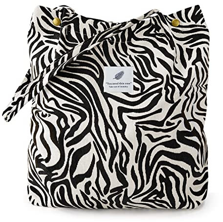 LHMTQVK Cord-Tragetaschen für Damen, große Kapazität, Cordtasche, wiederverwendbare Einkaufs-Umhängetasche mit Innentaschen, Zebra, Large