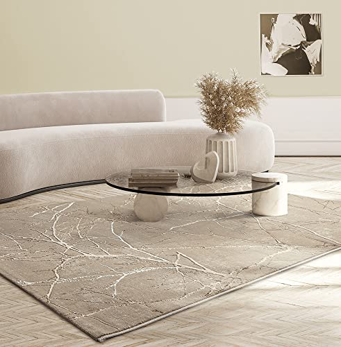 the carpet Mila moderner Teppich Wohnzimmer, elegant glänzender Kurzflor Wohnzimmerteppich in Beige mit Gold Blitz Muster, Teppich 80 x 300 cm