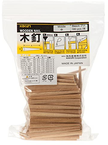KAKURI Wooden Nails for Woodworking 13/64 inch (5mm), Tapered Wooden Dowel Rods for Crafts and Small Furniture, Natural Japanese Beechwood, Bulk 180 Pcs, Made in Japan