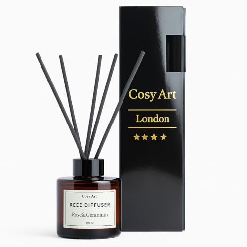 Luxury Organic Reed Diffuser - Rose & Geranium | 100% Vegan, Alcohol-Free, Long-Lasting Home Fragrance | Handmade in London | 100ml by Cosy Art London