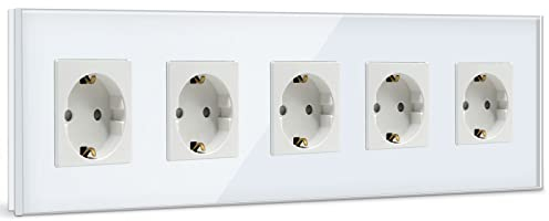 BSEED Schuko Steckdosenleiste 5 Fach - Kristall Glas Platte Fünffach Steckdose 16Amp 370mm Weiß - Verlängerungssteckdosen Mehrfachsteckdose Wandsteckdose