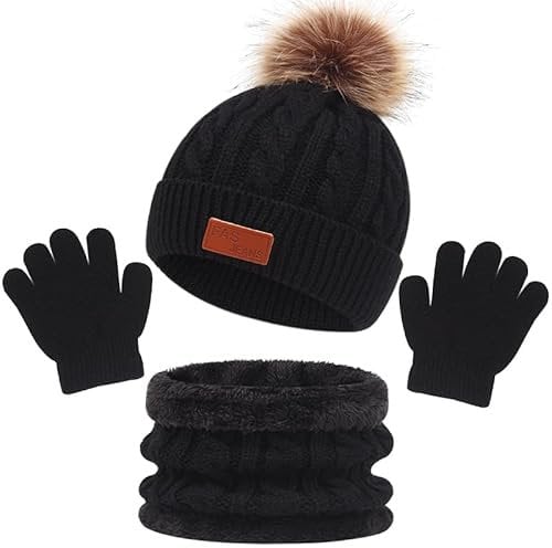 LINSOCLE 3 en 1 Ensemble Bonnet Echarpe Enfant Fille, avec Pompon, Tour de Cou avec Doublure, Hiver Accessoires Set Pour Garcon 2 à 6 ans