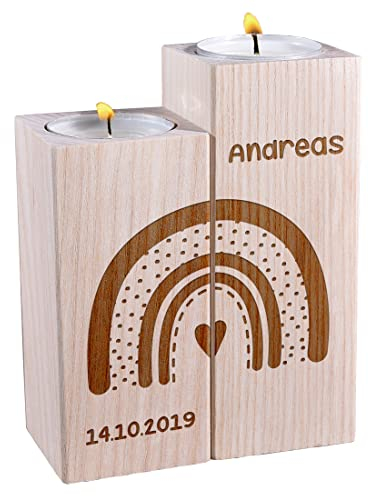 polar-effekt Kerzenständer 2er-Set aus Holz mit Gravur - Motiv: Regenbogen - mit Wunschname - personalisierte Geschenkidee - Taufe, Kommunion - extrem widerstandsfähig - für Jungen, Mädchen - Kerzen
