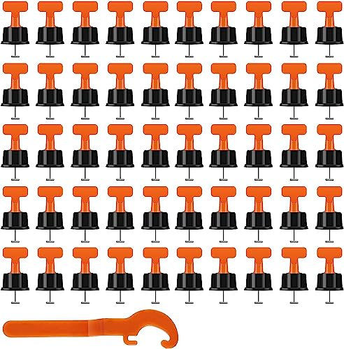 Fliesen-Nivelliersystem-Set, 50 wiederverwendbare Fliesen-Abstandshalter mit 1 speziellen Schraubenschlüssel und abrufbarer Stahlnadel, Boden, Keramikfliesen (50 Stück)
