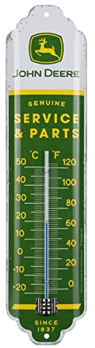 Nostalgic-Art Retro Thermometer, 7 x 28 cm, John Deere – Service & Parts | Original John Deere Lizenzprodukt (OLP), analoges Innenthermometer, Vintage Design, Geschenk-Idee für Traktor-Fans