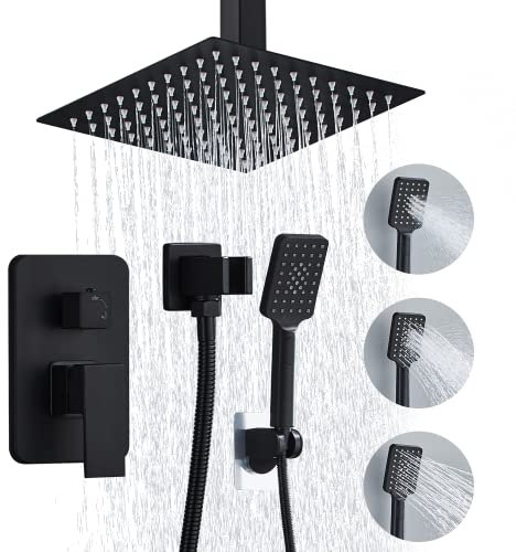 RTOBWEYE 8 Inch Shower Fitting Set, Ceiling Mount, High Pressure Rain Shower System, Square Rain Shower Head with Hand Shower Combo, Ceiling Luxury Rain Shower Fittings, Matte Black (3 Settings)