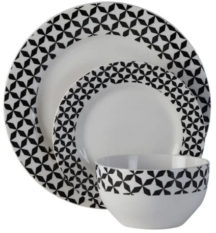 Acense 12pc Porcelain Dinner Set - White and Black Colour Windmill Design - Dinnerware Set-Includes 4 Dinner Plates, 4 Side Plates & 4 Bowls – Dinner Table Set