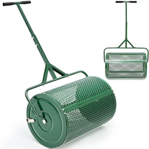 24 Inch Compost Spreader, Peat Moss Spreader with Upgrade T Shaped Handle for Planting Seeding Durable Lightweight Metal Mesh Spreader for Lawn and Garden Care Manure Spreaders Roller