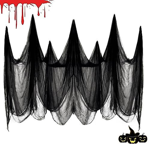 Halloween Deko Stoff Für Halloween Party Dekoration 10M x 2M, Halloween Gruselige Tuch,Spuk Weiß Garten Gaze tür Gothic deko Stoff,für Spuk Haus Party Türen Outdoor,Halloween Partybedarf,Schwarz