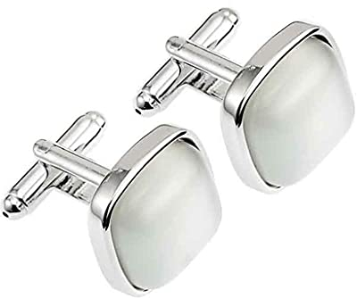 Manschettenknöpfe mit Katzenaugen-Stein für Herren, Hochzeit, Geschäftsgeschenke, milchig-weißer Opal-Manschettenknopf (Farbe: Silber, Größe: wie abgebildet) (Silber wie abgebildet)