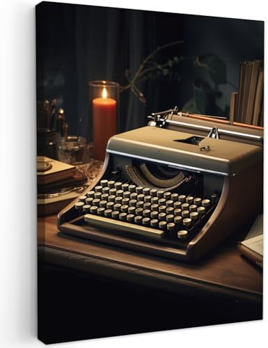 MuchoWow© Bild auf Leinwand Schlafzimmer Bilder Wand Deko Wohnzimmer Modern | 30x40 cm - Wanddeko Bilderwand Geschenk Vintage - Schreibmaschine - Kerze - Alt - Schreibtisch