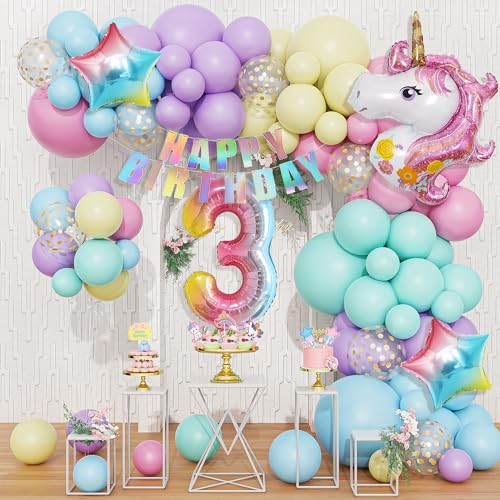 120 Stück 3rd Einhorn Ballons Geburtstagsdekoration Mädchen Pastell Macaron Luftballon Girlande Arch Kit, Rosa Lila Confetti Latexballons mit Folienballon Zahl 3rd Kuchen Topper Happy Birthday banner