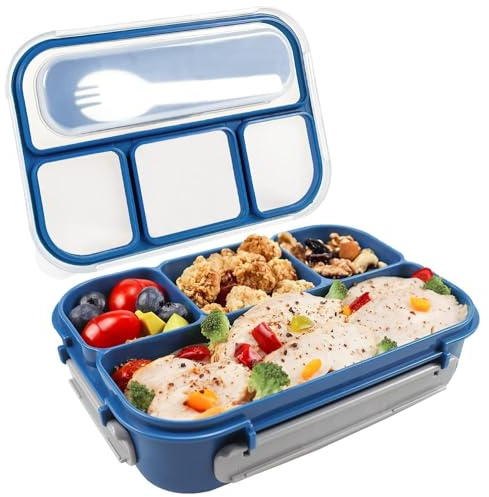 DERDOUT Lonchera Bento, contenedores de almuerzo para adultos y niños, 4 compartimentos, 1300 ml (azul)