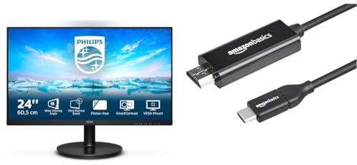 PHILIPS 241V8LA- 24 Inch FHD Monitor, 75Hz, 4ms, VA, Speakers LowBlue, Flickerfree (1920 x 1080, 250 cd/m2 & Amazon Basics USB-C to HDMI adapter cable (Thunderbolt 3 compatible) 4K @30 Hz - 30.5 cm