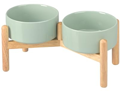 SPUNKYJUNKY Hundenapf Keramik Fressnapf Erhöhter Futternapf Wassernapf mit Bambus Ständer für mittelgroße und große Hunde (850ml, Hellgrün)