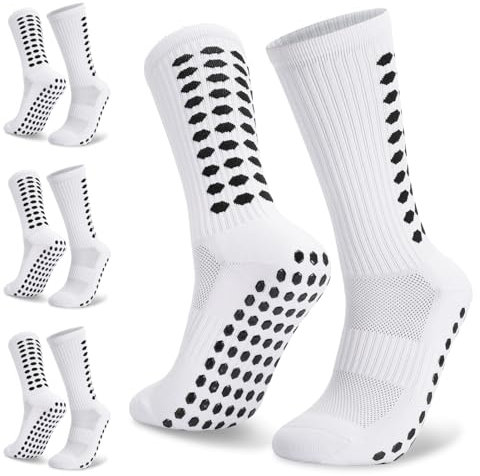 Zuimei 3 Pairs Football Grip Socks for Men Football Grip Socks Anti-slip Sports Sock with Rubber Pads, Breathable Soccer Grippy Sock for Basketball Hiking Running, White